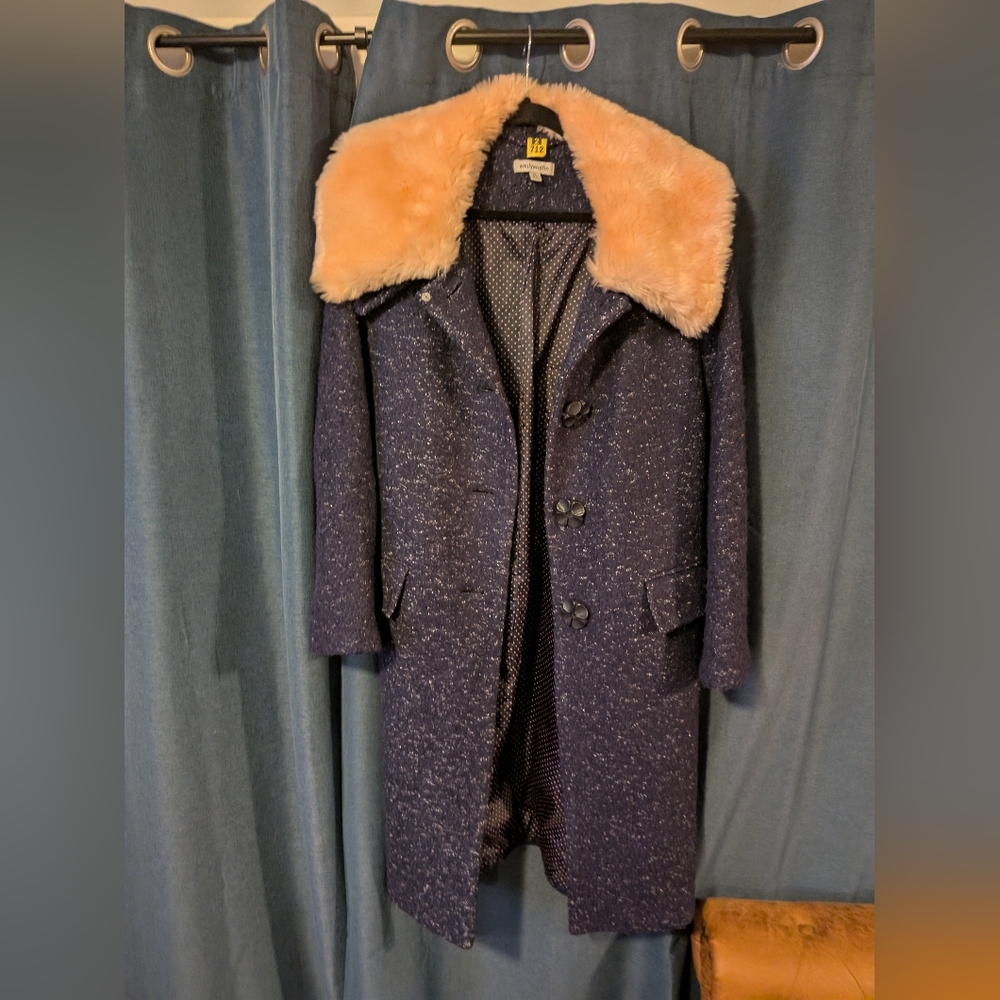 Modcloth Navy Coat with Pink Faux Fur Collar
